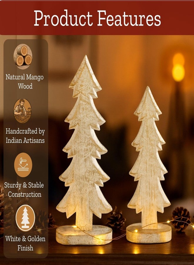 Mie Creations Christmas Tree Set of 2 Figurines, X Mas Decorations for Home, Living Room, Table Centerpiece, Mantel, Winter Holidays Decor, Shabby Chic White & Gold Wooden Christmas Trees-12,10 inch - Image 2
